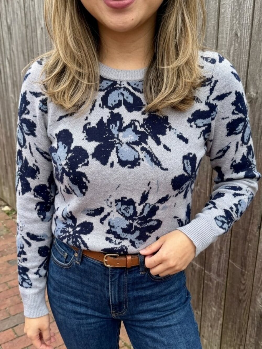 Cynthia Rowley Gray Navy Blue Floral Crewneck Knit Pullover Sweater Size XS